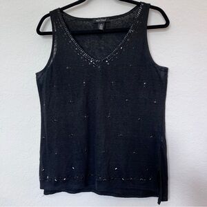 White House Black Market Linen Women's Black Tank with Embellishments Size M